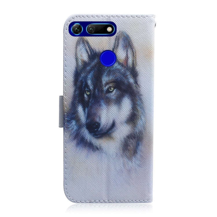 White Wolf Pattern Coloured Drawing Horizontal Flip Leather Case for Huawei Honor View 20, with H...