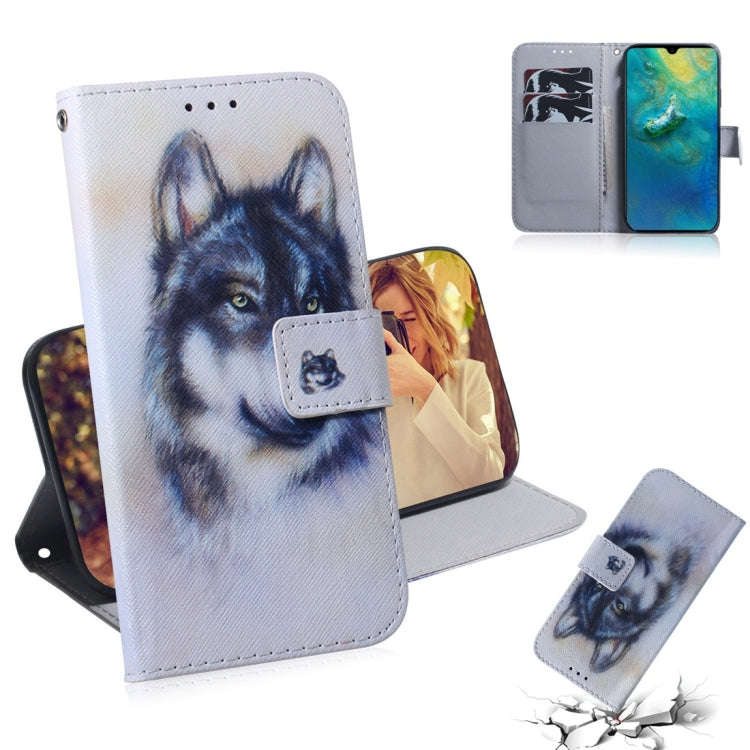 White Wolf Pattern Coloured Drawing Horizontal Flip Leather Case for Huawei Mate 20, with Holder ...
