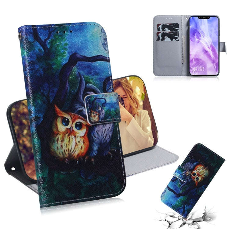Oil Painting Owl Pattern Coloured Drawing Horizontal Flip Leather Case for Huawei Nova 3, with Ho...