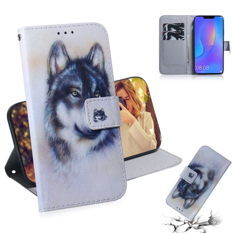 White Wolf Pattern Coloured Drawing Horizontal Flip Leather Case for Huawei P Smart+ 2019 / Nova ...