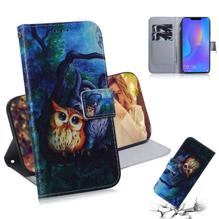 Oil Painting Owl Pattern Coloured Drawing Horizontal Flip Leather Case for Huawei P Smart+ 2019 /...