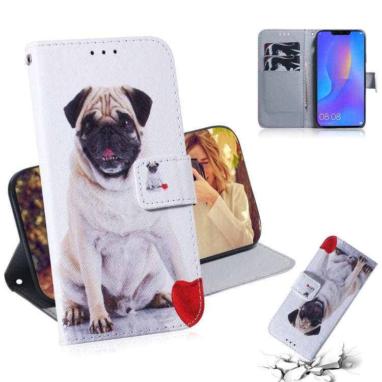 Pug Pattern Coloured Drawing Horizontal Flip Leather Case for Huawei P Smart+ 2019 / Nova 3i, wit...