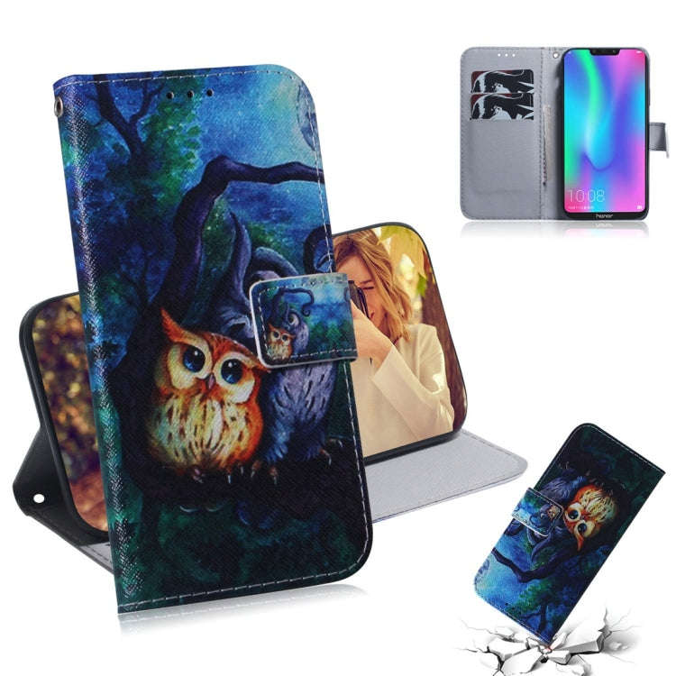 Oil Painting Owl Pattern Coloured Drawing Horizontal Flip Leather Case for Huawei Honor 8C, with ...