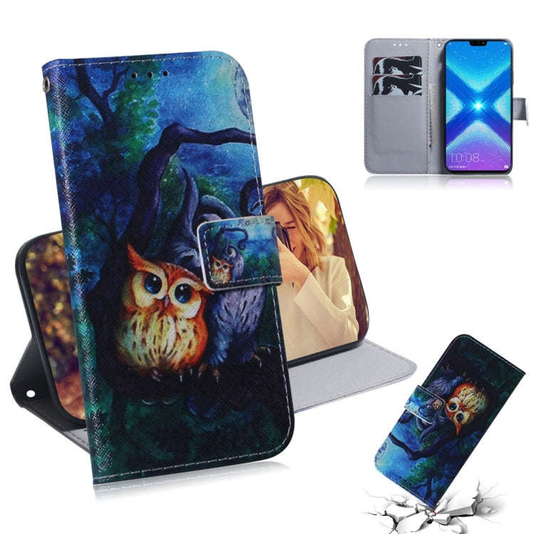 Oil Painting Owl Pattern Coloured Drawing Horizontal Flip Leather Case for Huawei Honor 8X, with ...