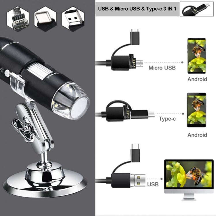 1600X Magnifier HD Image Sensor 3 in 1 USB Digital Microscope with 8 LED & Professional Stand (Bl...