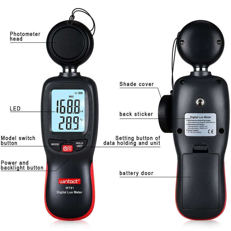 Wintact WT81 Digital Light Lux Meter for Factory / School / House Various Occasion, Range: 0-200,...
