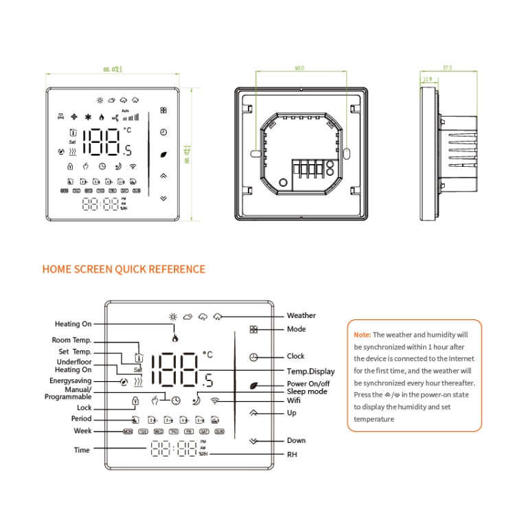 BHT-006GBLW 95-240V AC 16A Smart Home Heating Thermostat for EU Box, Control Electric Heating wit...
