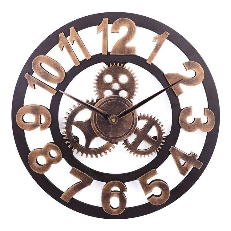 Retro Wooden Round Single-sided Gear Clock Arabic Number Wall Clock, Diameter: 35cm (Gold)
