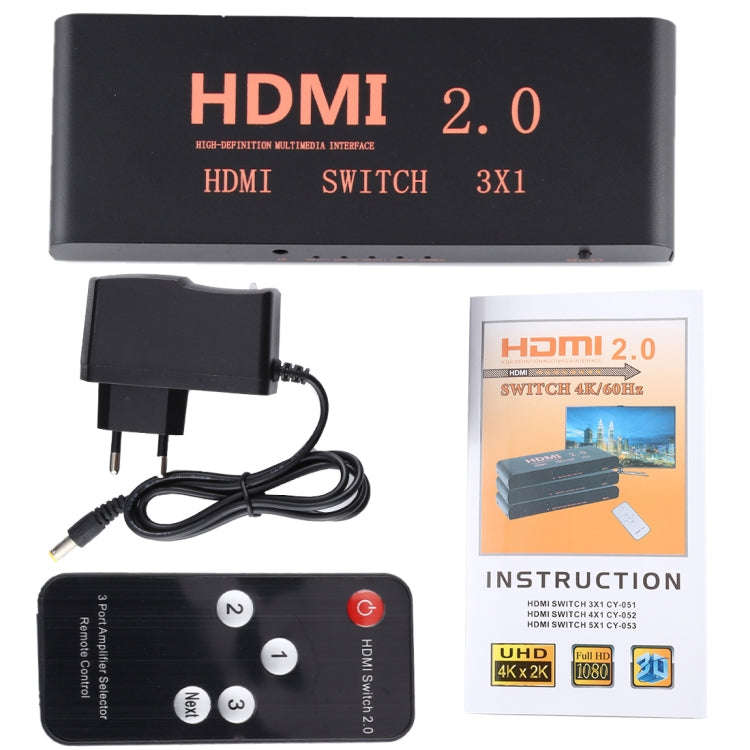 3X1 4K/60Hz HDMI 2.0 Switch with Remote Control, EU Plug