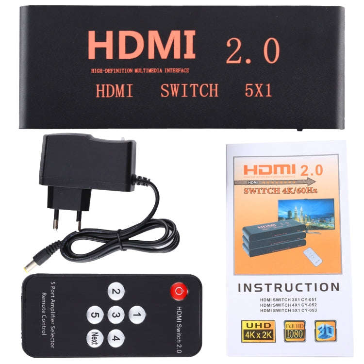 5X1 4K/60Hz HDMI 2.0 Switch with Remote Control, EU Plug