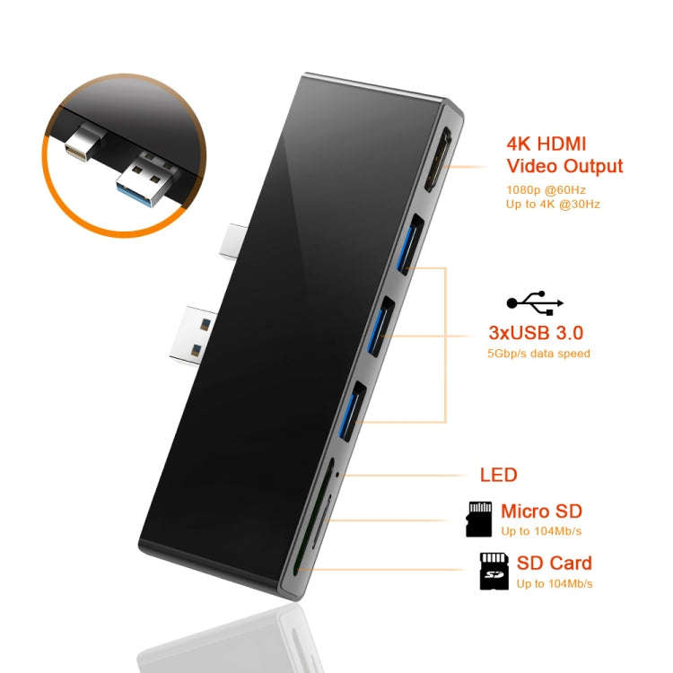 ROCKETEK SK-S5H 3 x USB 3.0 + HDMI + SD / TF Memory Card Reader HUB 4K HDMI Adapter(Black)