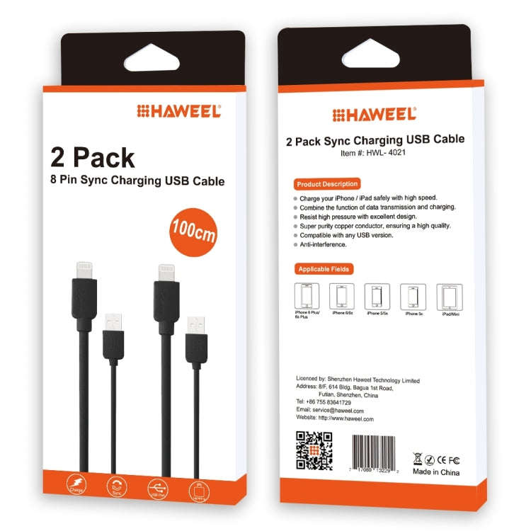 2 PCS HAWEEL 1m High Speed 8 pin to USB Sync and Charging Cable Kit for iPhone, iPad(Black)