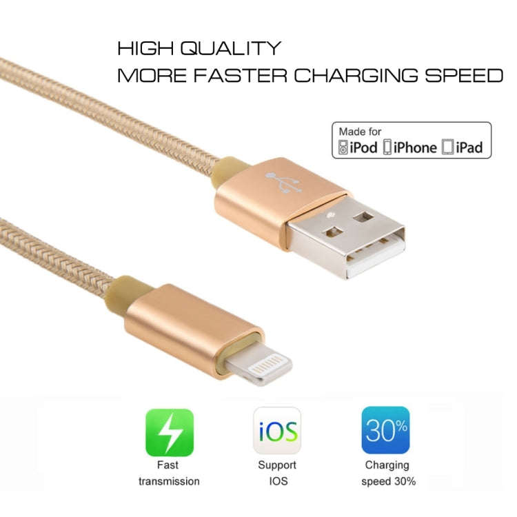 1m 3A Woven Style Metal Head 8 Pin to USB Data / Charger Cable(Gold)