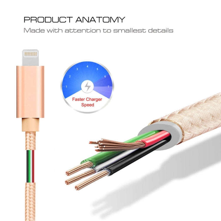 1m 3A Woven Style Metal Head 8 Pin to USB Data / Charger Cable(Gold)