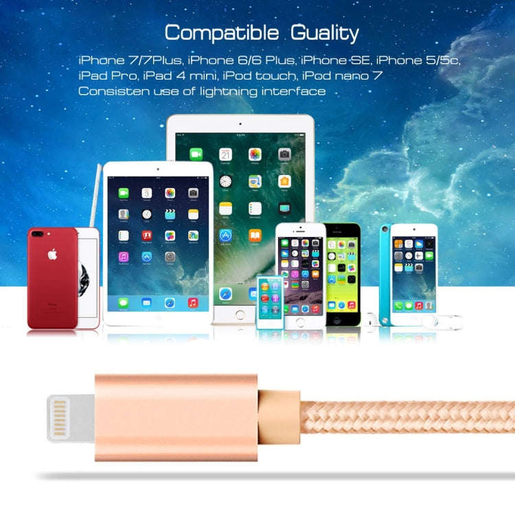1m 3A Woven Style Metal Head 8 Pin to USB Data / Charger Cable(Gold)