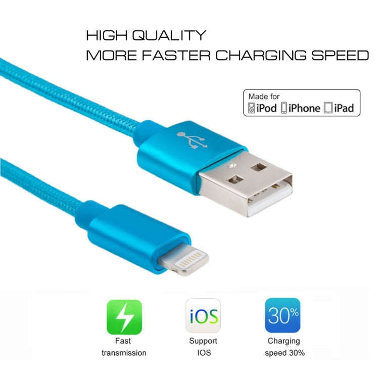 1m 3A Woven Style Metal Head 8 Pin to USB Data / Charger Cable(Blue)