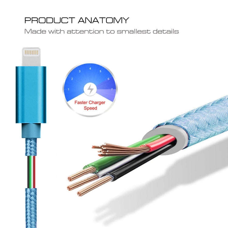 1m 3A Woven Style Metal Head 8 Pin to USB Data / Charger Cable(Blue)