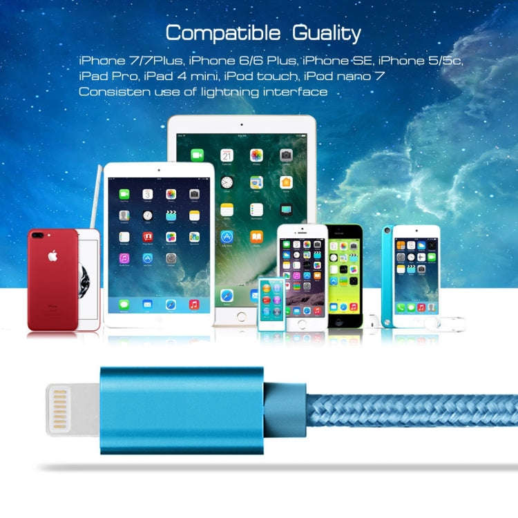1m 3A Woven Style Metal Head 8 Pin to USB Data / Charger Cable(Blue)