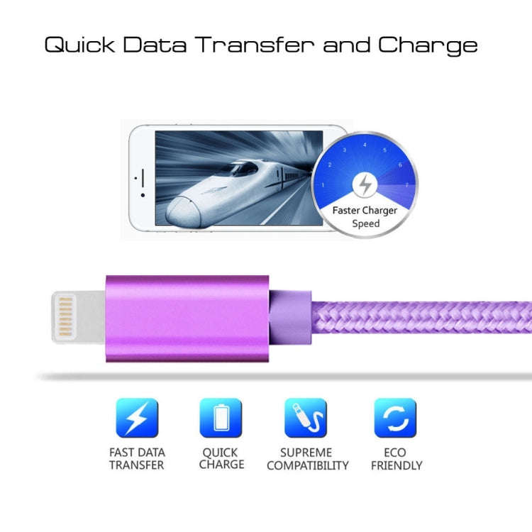 1m 3A Woven Style Metal Head 8 Pin to USB Data / Charger Cable(Purple)