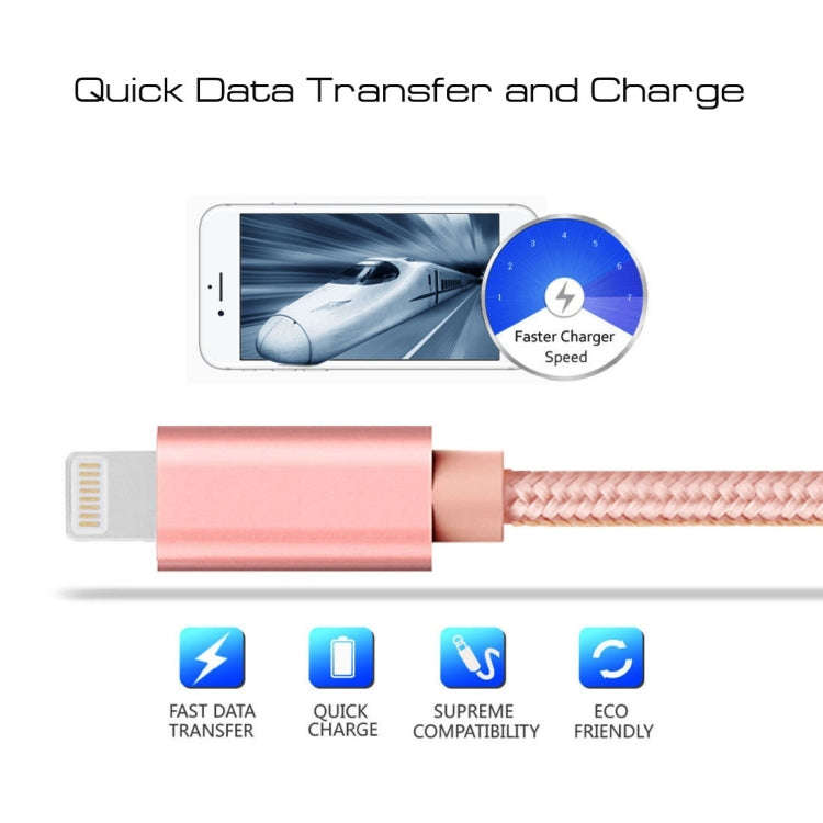 1m 3A Woven Style Metal Head 8 Pin to USB Data / Charger Cable(Rose Gold)