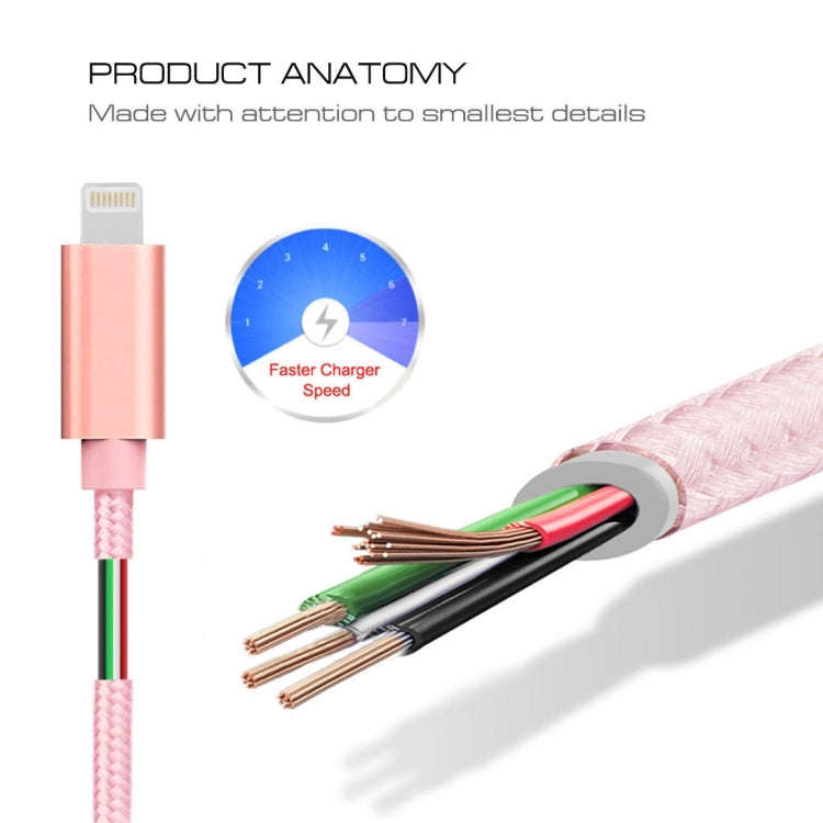 3A Woven Style Metal Head 8 Pin to USB Charge Data Cable, Cable Length: 2m(Rose Gold)