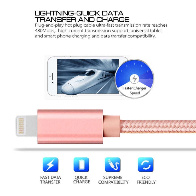 3A Woven Style Metal Head 8 Pin to USB Charge Data Cable, Cable Length: 2m(Rose Gold)