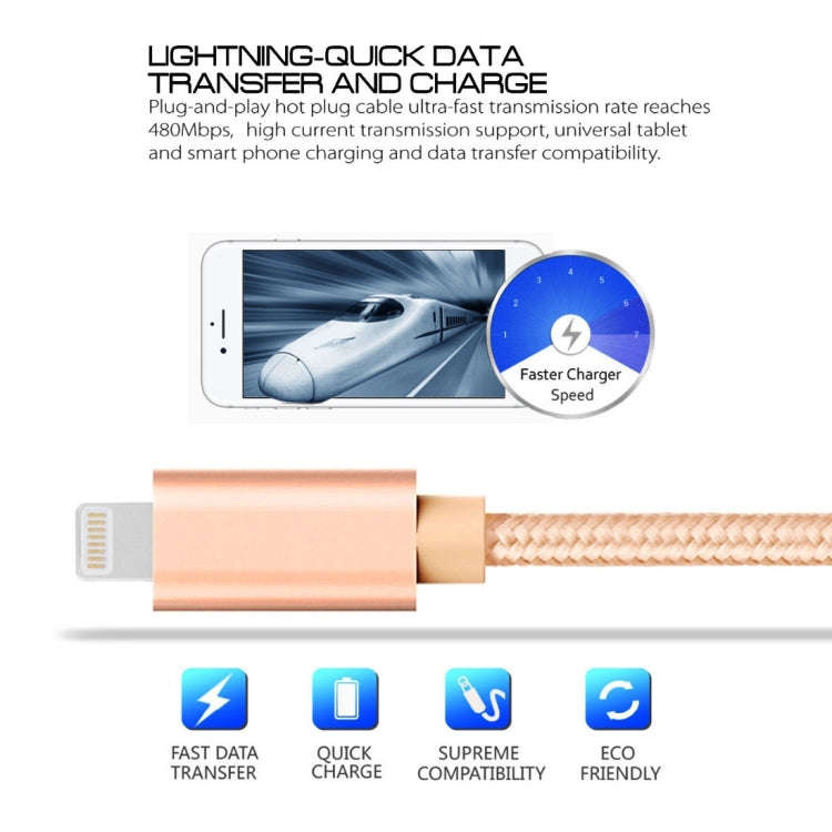 3m 3A Woven Style Metal Head 8 Pin to USB Data / Charger Cable(Gold)