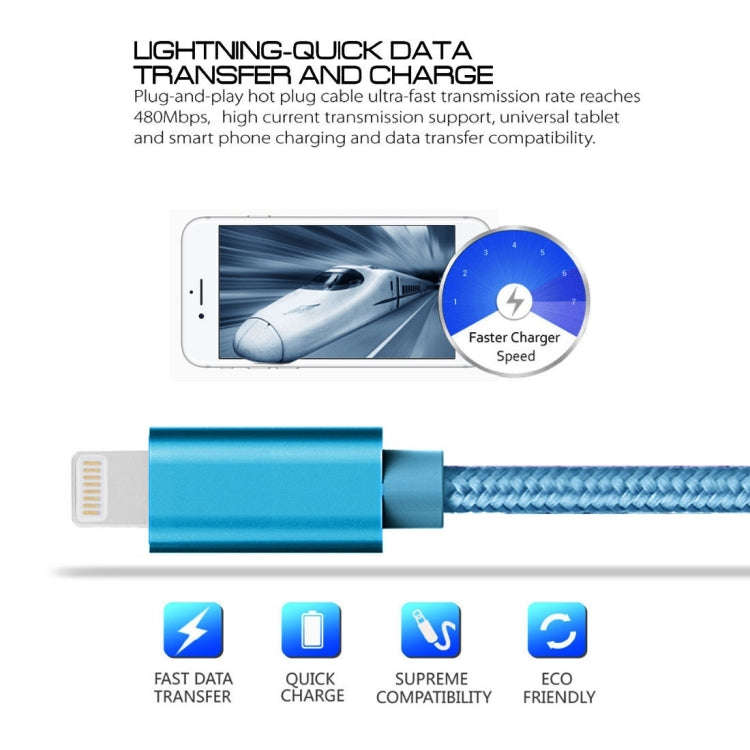 3m 3A Woven Style Metal Head 8 Pin to USB Data / Charger Cable(Blue)