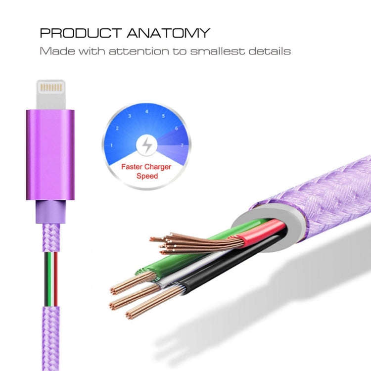 3m 3A Woven Style Metal Head 8 Pin to USB Data / Charger Cable(Purple)