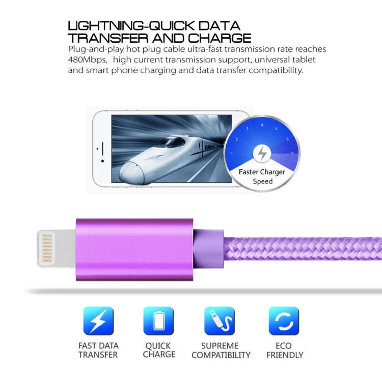 3m 3A Woven Style Metal Head 8 Pin to USB Data / Charger Cable(Purple)
