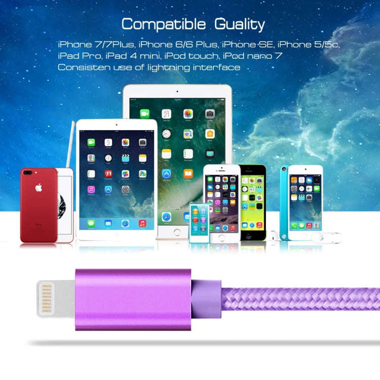 3m 3A Woven Style Metal Head 8 Pin to USB Data / Charger Cable(Purple)