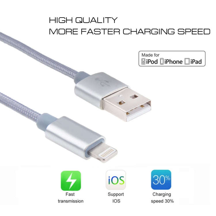3m 3A Woven Style Metal Head 8 Pin to USB Data / Charger Cable(Silver)