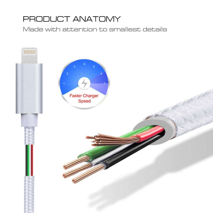 3m 3A Woven Style Metal Head 8 Pin to USB Data / Charger Cable(Silver)