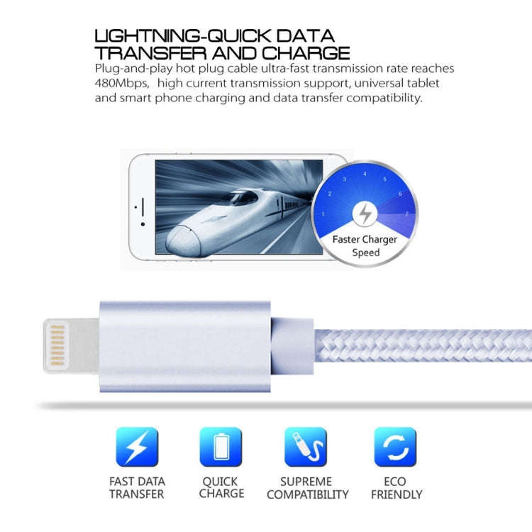 3m 3A Woven Style Metal Head 8 Pin to USB Data / Charger Cable(Silver)