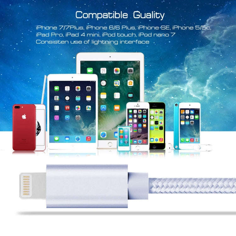 3m 3A Woven Style Metal Head 8 Pin to USB Data / Charger Cable(Silver)