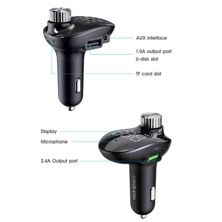 ROCK SPACE B302 18W QC3.0 Dual USB Digital Display Bluetooth Car Charger, Support 64GB U Disk & T...