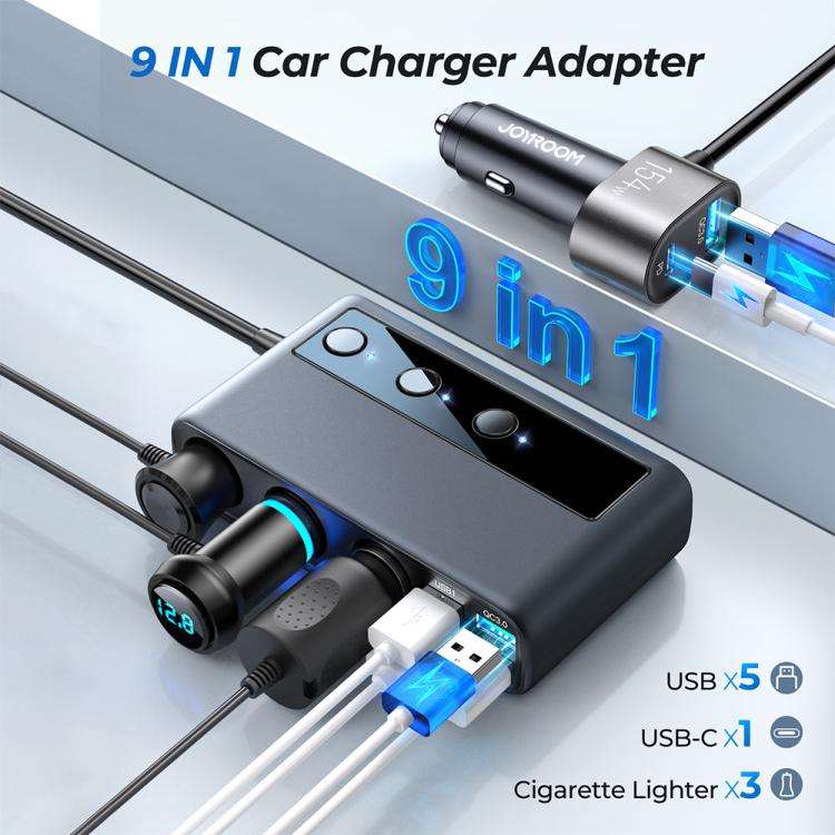 JOYROOM JR-CL06 9 in 1 210W PD USB-C / Type-C + Dual QC3.0 USB + 3 USB + 3 Cigarette Lighter Hole...