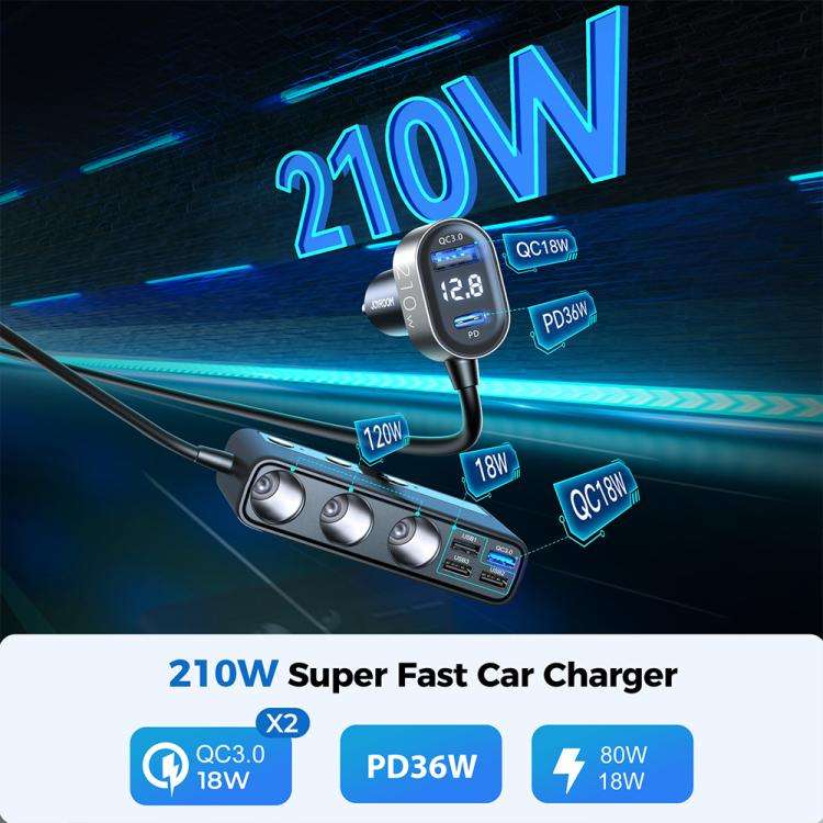 JOYROOM JR-CL06 9 in 1 210W PD USB-C / Type-C + Dual QC3.0 USB + 3 USB + 3 Cigarette Lighter Hole...