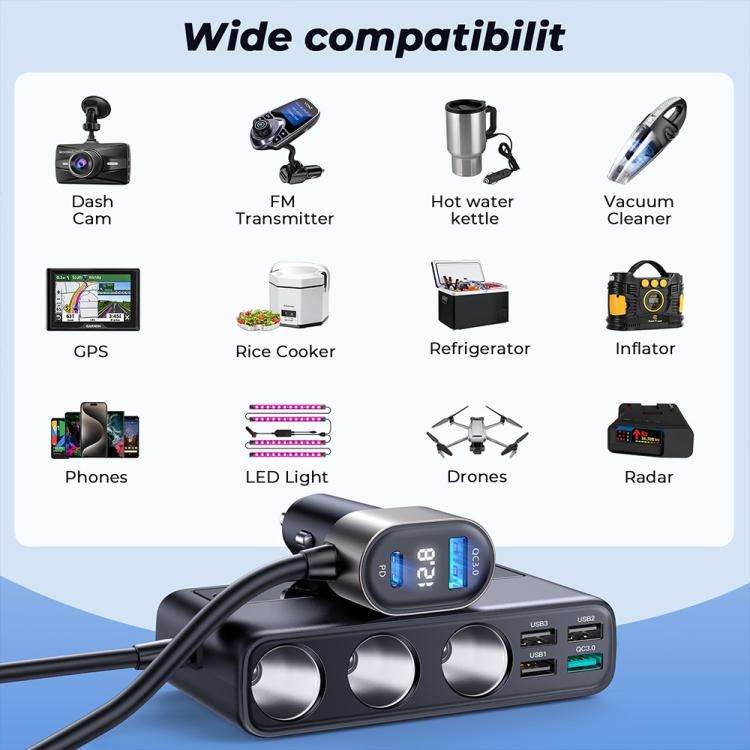 JOYROOM JR-CL06 9 in 1 210W PD USB-C / Type-C + Dual QC3.0 USB + 3 USB + 3 Cigarette Lighter Hole...