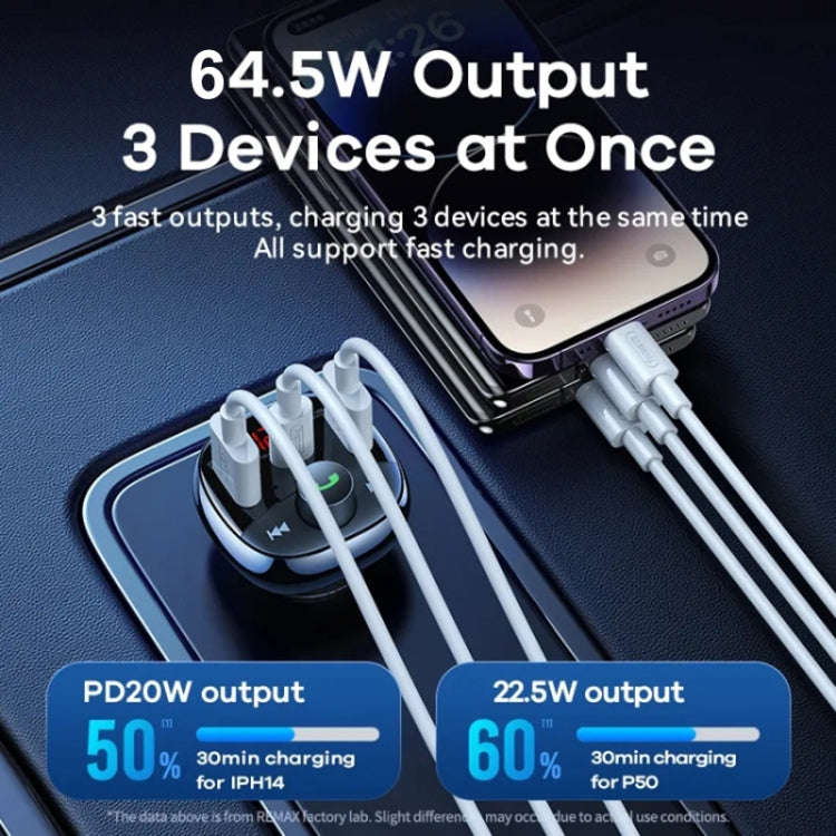 REMAX RCC331 Rodi Series 3 in 1 Car 64.5W PD Fast Charger Support FM / TF Card / Bluetooth Hands-...