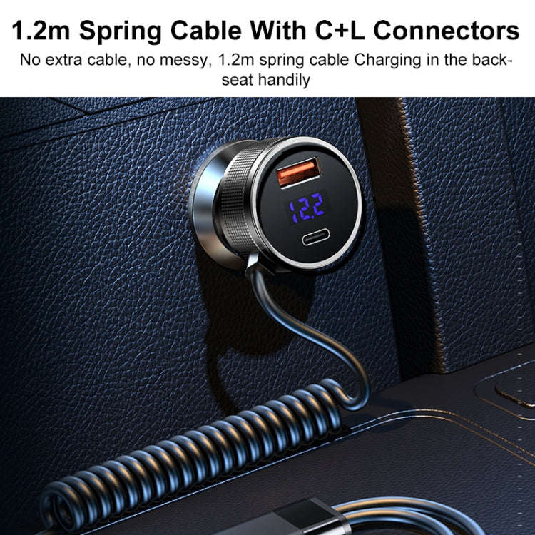 REMAX RCC336 Saga Series 2 in 1 Car 52.5W PD Fast Charger with USB-C / Type-C + 8 Pin Spring Cable