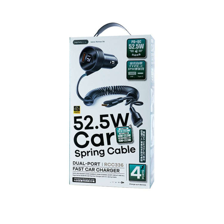 REMAX RCC336 Saga Series 2 in 1 Car 52.5W PD Fast Charger with USB-C / Type-C + 8 Pin Spring Cable