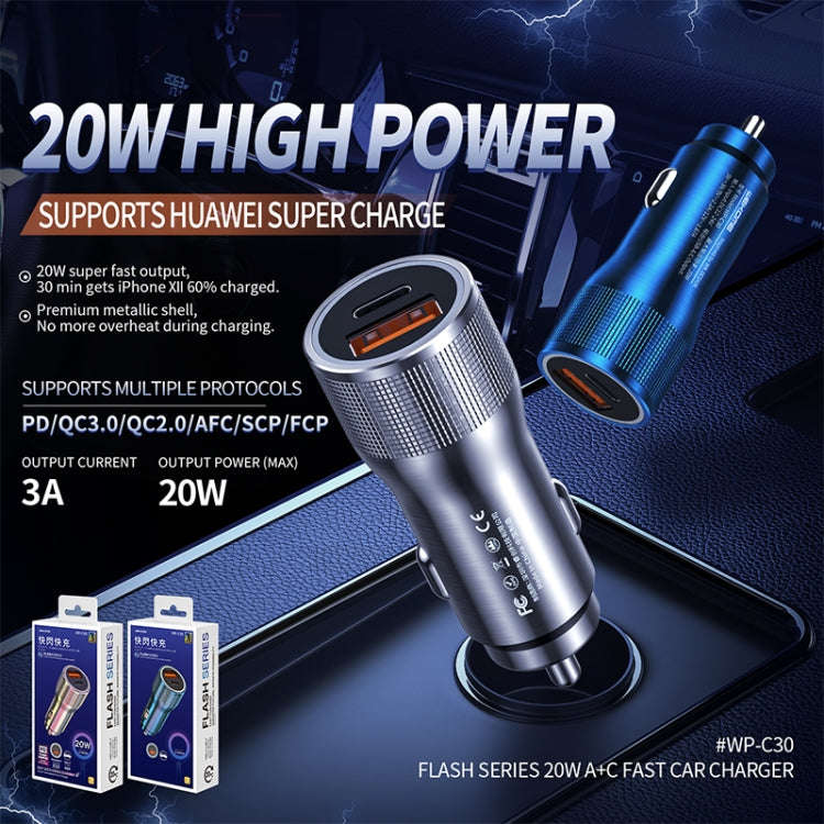 WK WP-C30 20W 3A QC3.0 USB + PD UB-C / Type-C Interface Flash Series Car Fast Charger(Blue)