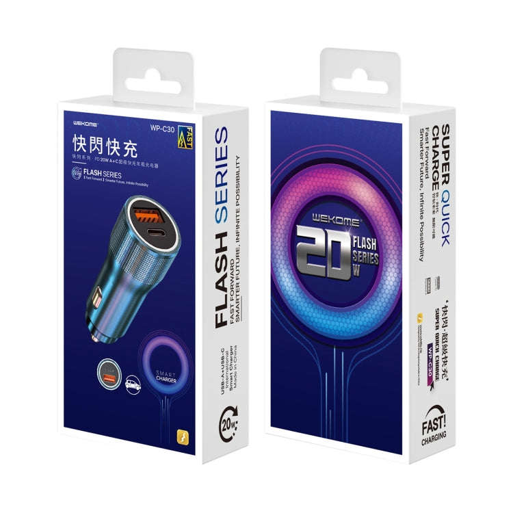 WK WP-C30 20W 3A QC3.0 USB + PD UB-C / Type-C Interface Flash Series Car Fast Charger(Blue)