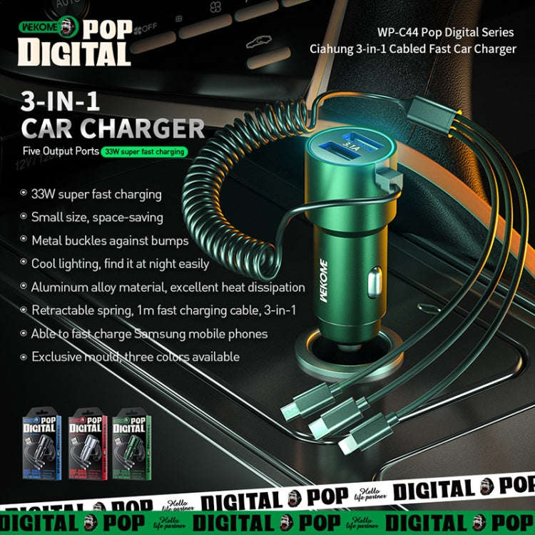 WK WP-C44 Pop Digital Series Ciahung 3-in-1 Cabled 33W Dual-USB Fast Car Charger (Green)