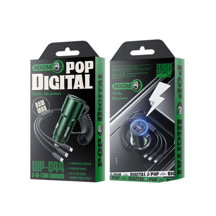 WK WP-C44 Pop Digital Series Ciahung 3-in-1 Cabled 33W Dual-USB Fast Car Charger (Green)