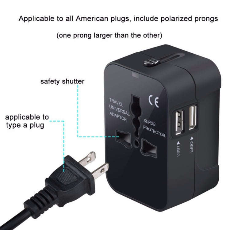 Portable Multi-function Dual USB Ports Global Universal Travel Wall Charger Power Socket, For iPa...