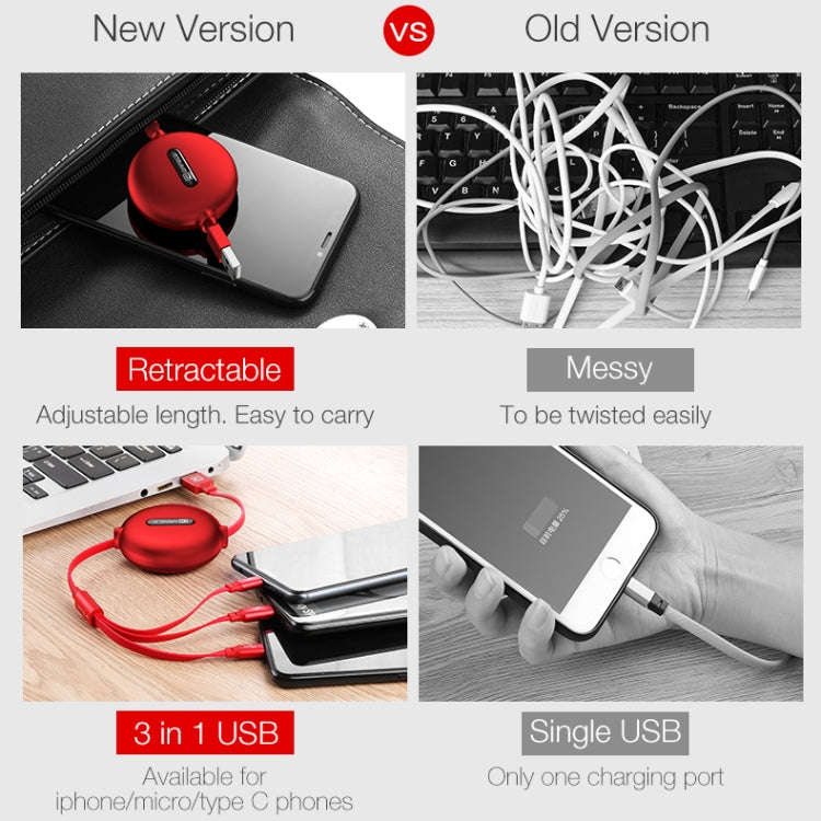 CAFELE 3 In 1 8 Pin + Micro USB + Type-C / USB-C Charging Data Cable, Length: 1.2m(Red)