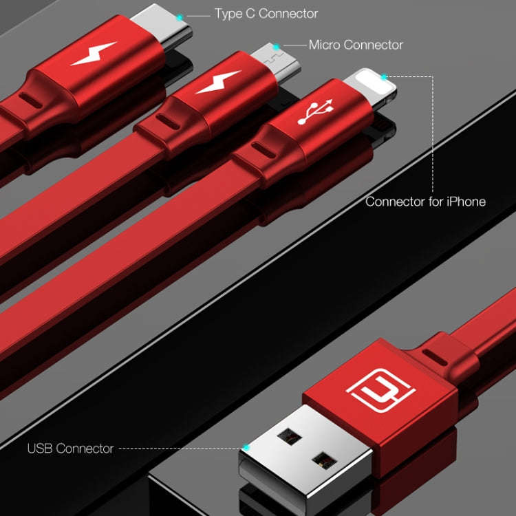 CAFELE 3 In 1 8 Pin + Micro USB + Type-C / USB-C Charging Data Cable, Length: 1.2m(Red)