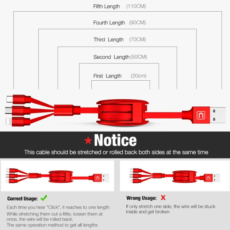 CAFELE 3 In 1 8 Pin + Micro USB + Type-C / USB-C Charging Data Cable, Length: 1.2m(Red)